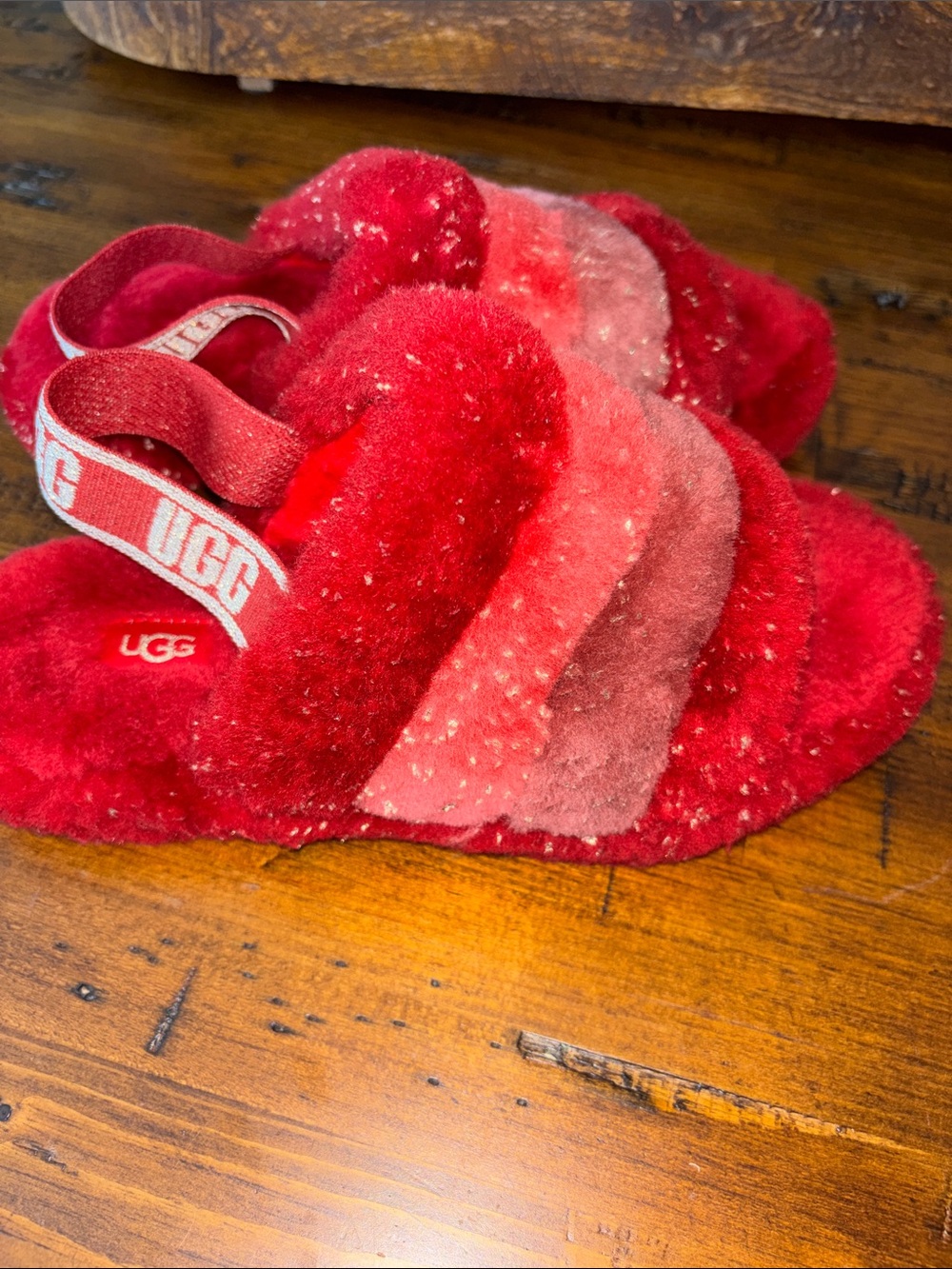 UGG Women's Multicolor Red & Pink Fuzz Slide Slippers